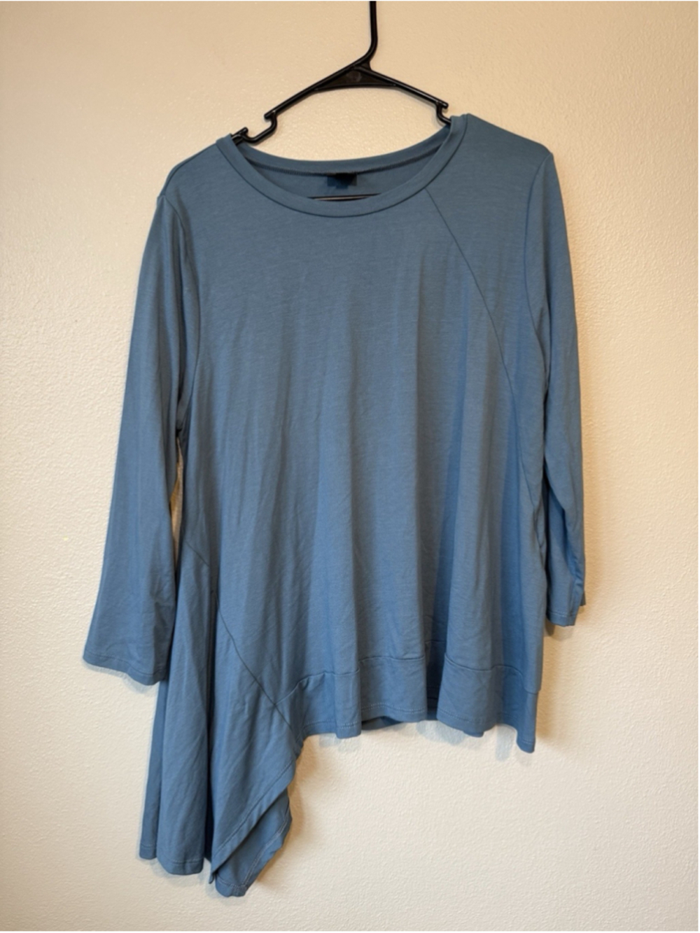 Lisa Bayne Large Blue Teal Asymmetric Hem Soft Stretch 3/4 Sleeve Tunic Workwear